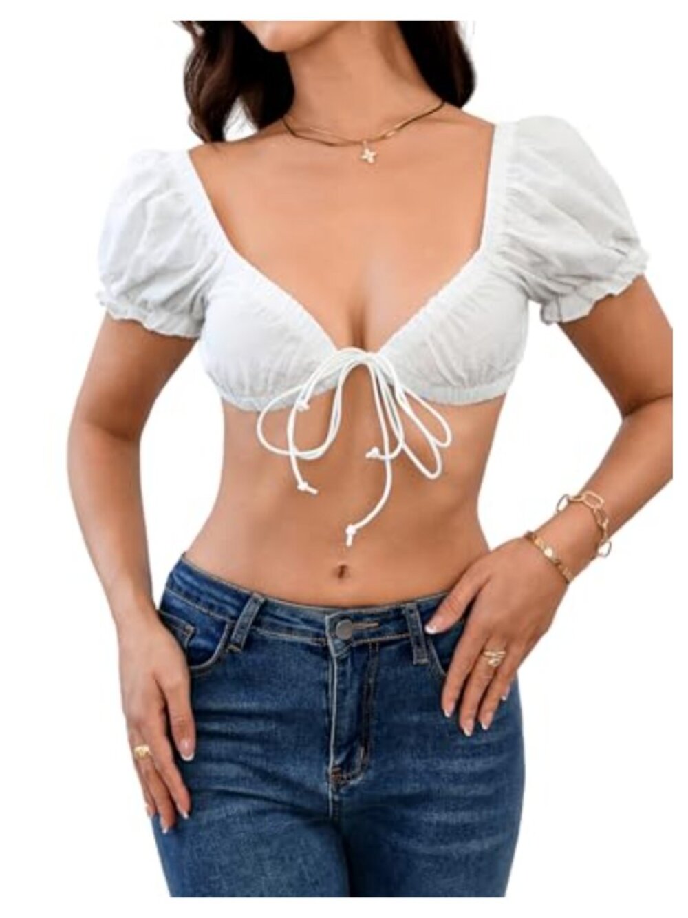 Women's Tie Front Crop Top Deep V Neck Puff Sleeve Blouse